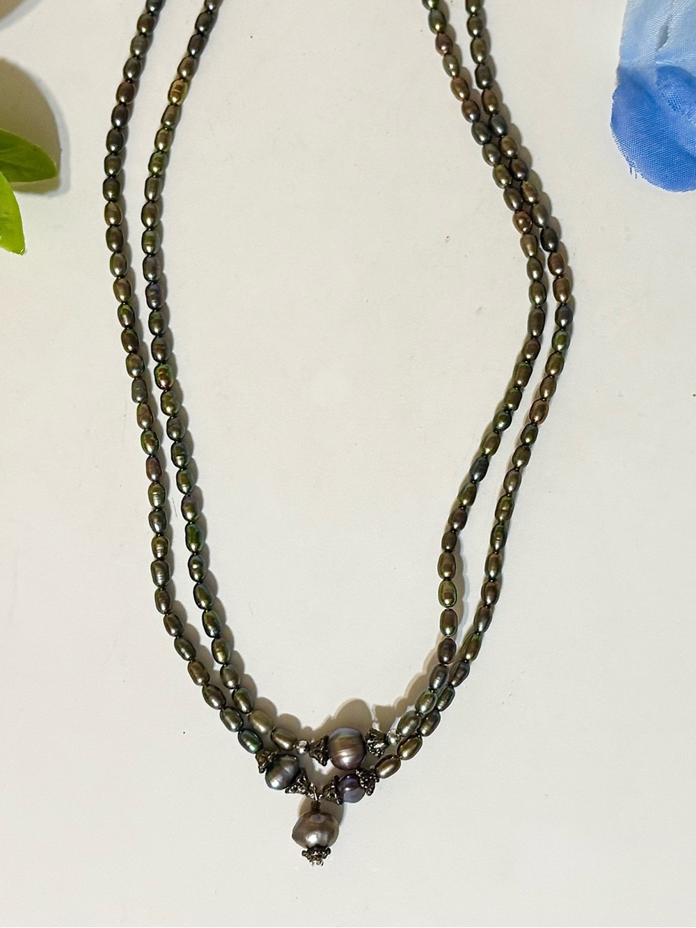 Elegant Double-Strand Iridescent Peacock Pearl Necklace-Black Seed/Rice Pearls